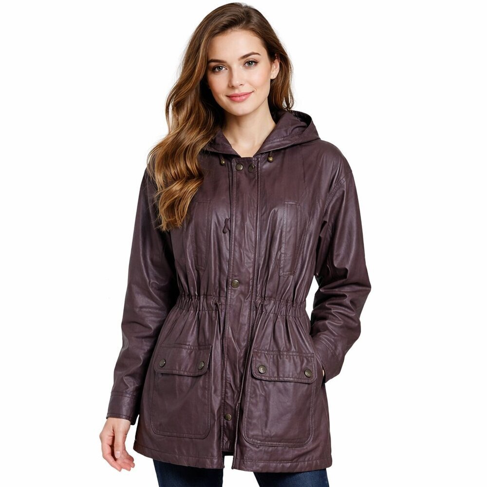 DANY Leather Coat  Women Size L Brown Hooded Zip Snaps 4 Pockets Cinched Vintage